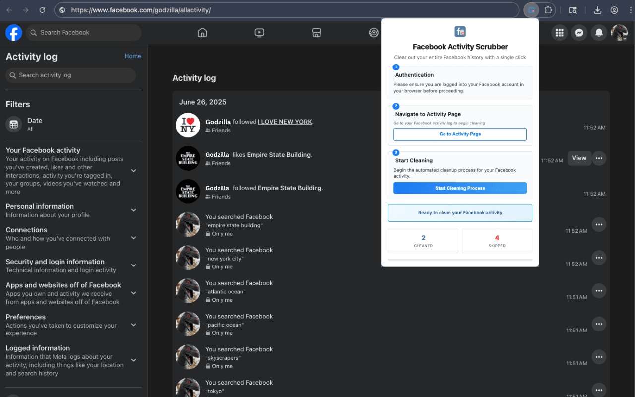 Facebook Activity Scrubber